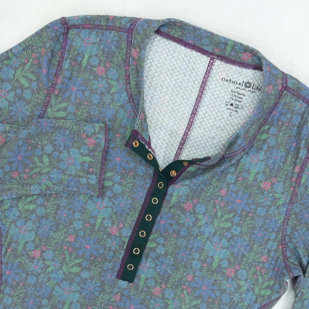 Natural Life Henley Top Womens L (36" Chest) Floral Knit Boho Hippie Shirt